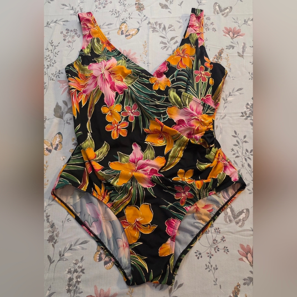 Islander Hawaiian One Piece Swimsuit 22W Tropical Floral Black Pink Gold